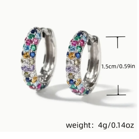 Silver Plated Mini Hoop Earrings Sparkling colorful Zircon Gem - Picture 8 of 10